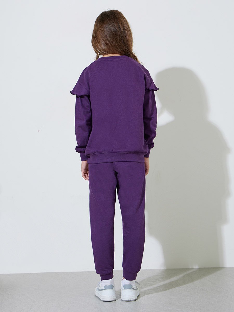 Girls Purple Graphic Print Regular Fit Sweatshirt and Joggers Set