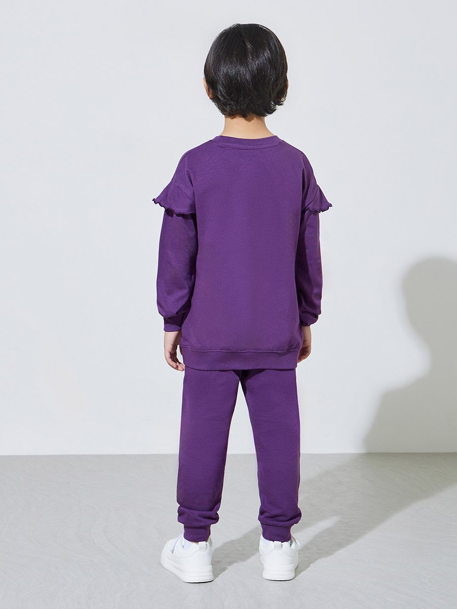 Girls Purple Graphic Print Regular Fit Sweatshirt and Joggers Set