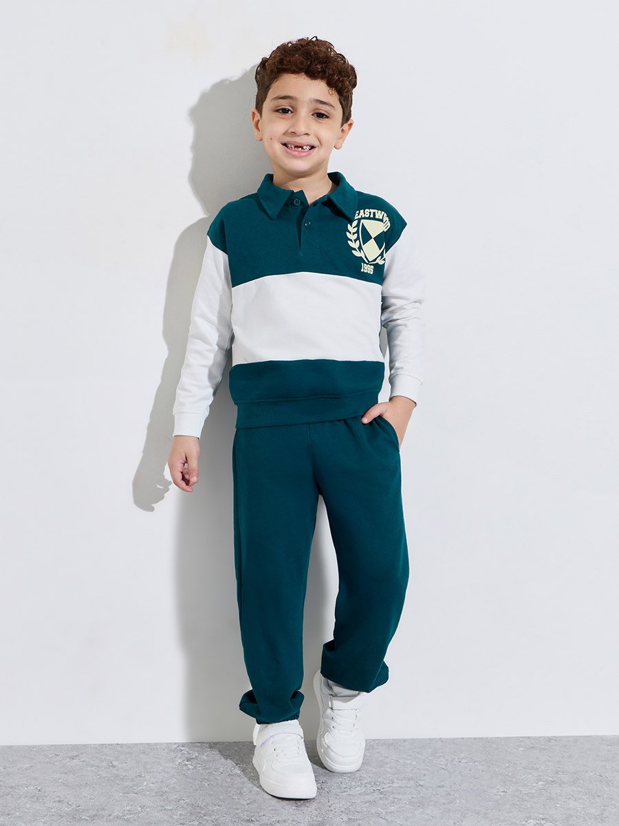 Boys Placement Print Regular Fit Polo Collar Sweatshirt and Joggers Set