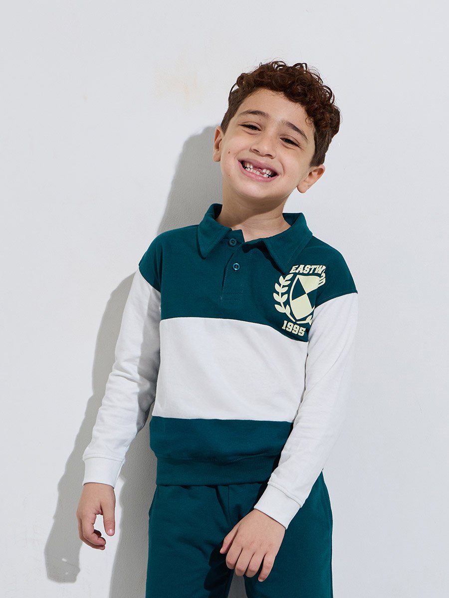 Boys Placement Print Regular Fit Polo Collar Sweatshirt and Joggers Set