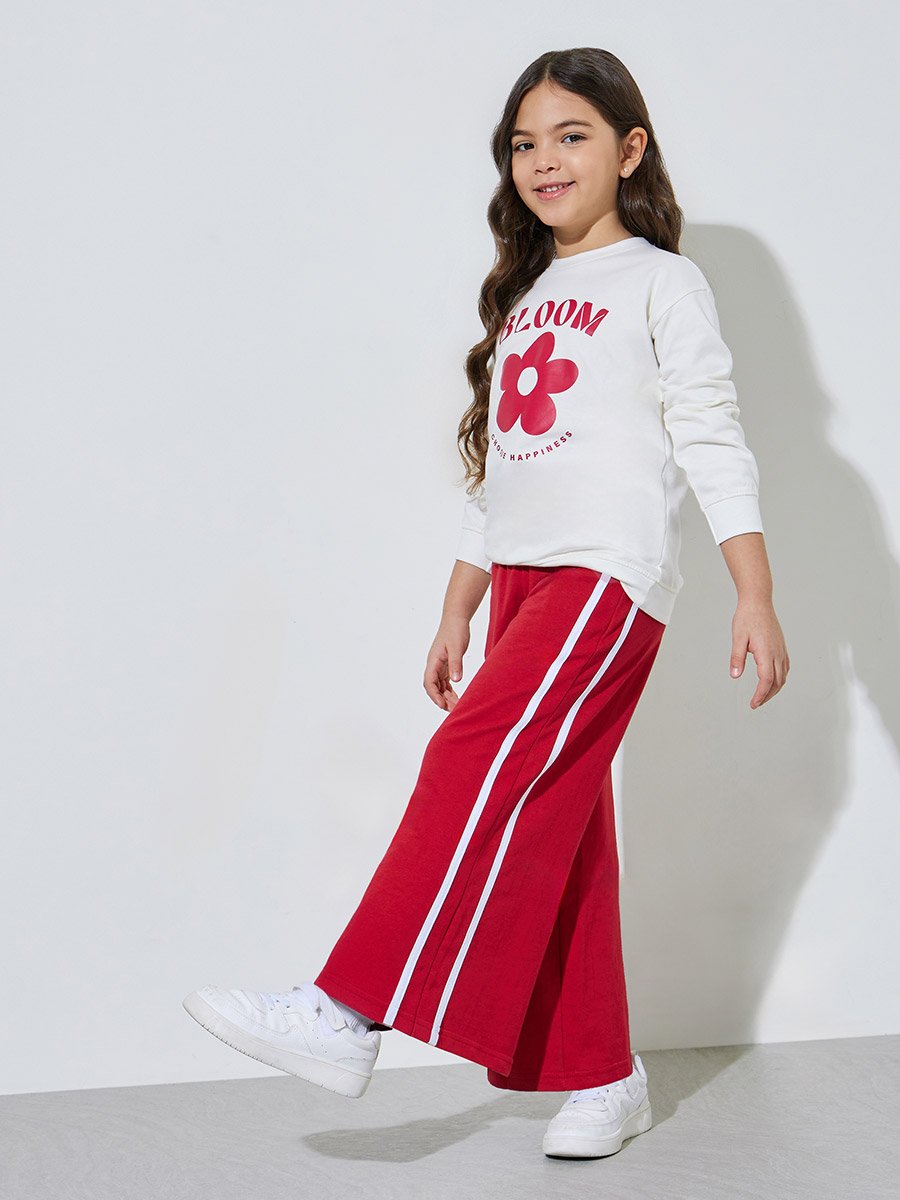 Girls Off White Graphic Print Sweatshirt and Red Side Striped Joggers Set