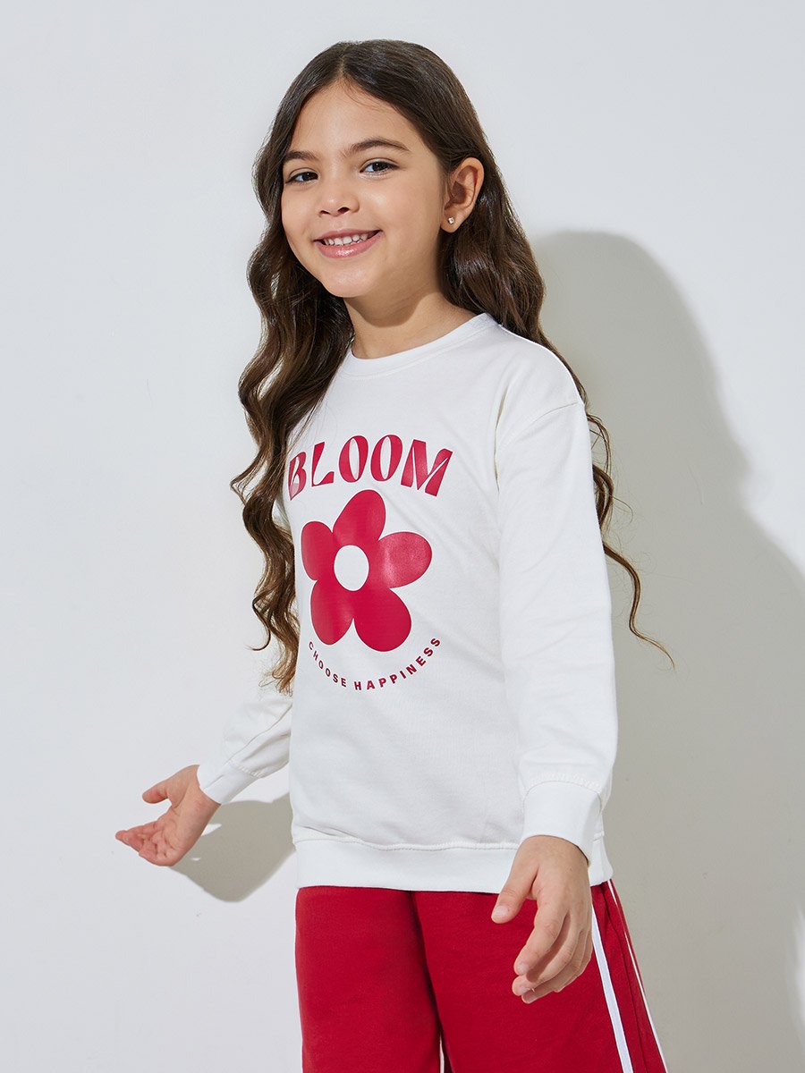 Girls Off White Graphic Print Sweatshirt and Red Side Striped Joggers Set