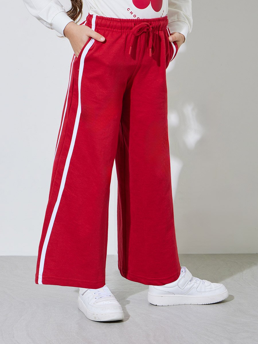 Girls Off White Graphic Print Sweatshirt and Red Side Striped Joggers Set