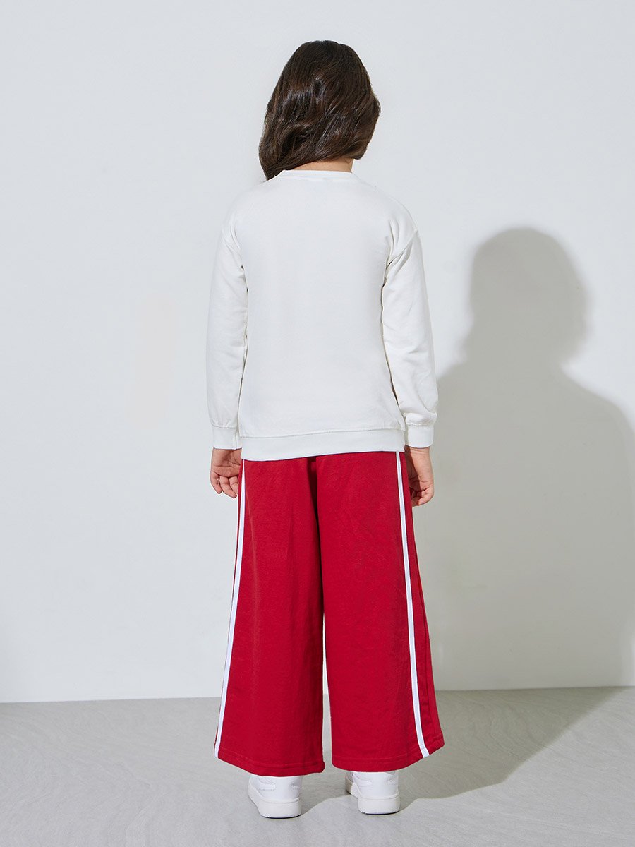 Girls Off White Graphic Print Sweatshirt and Red Side Striped Joggers Set