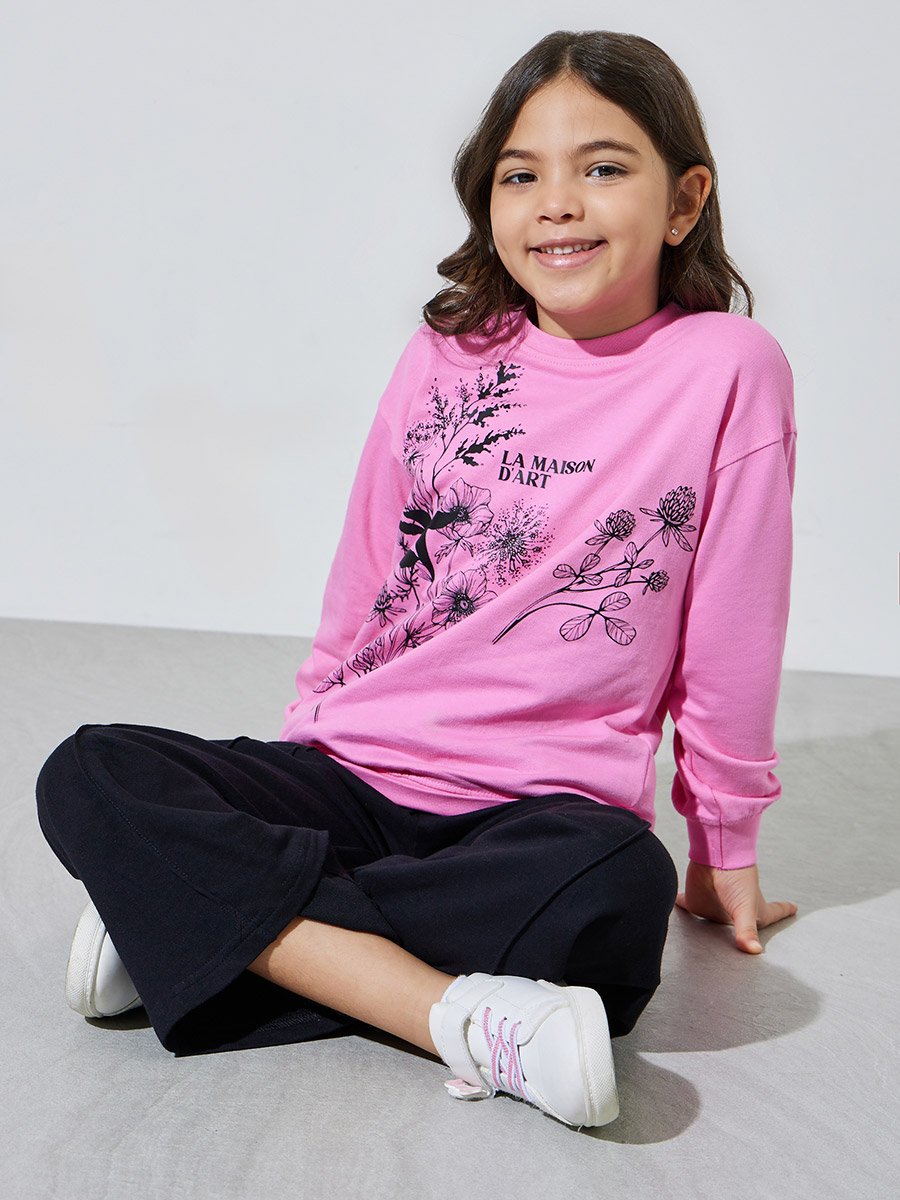 Girls Pink Graphic Print Sweatshirt and Black Joggers Set