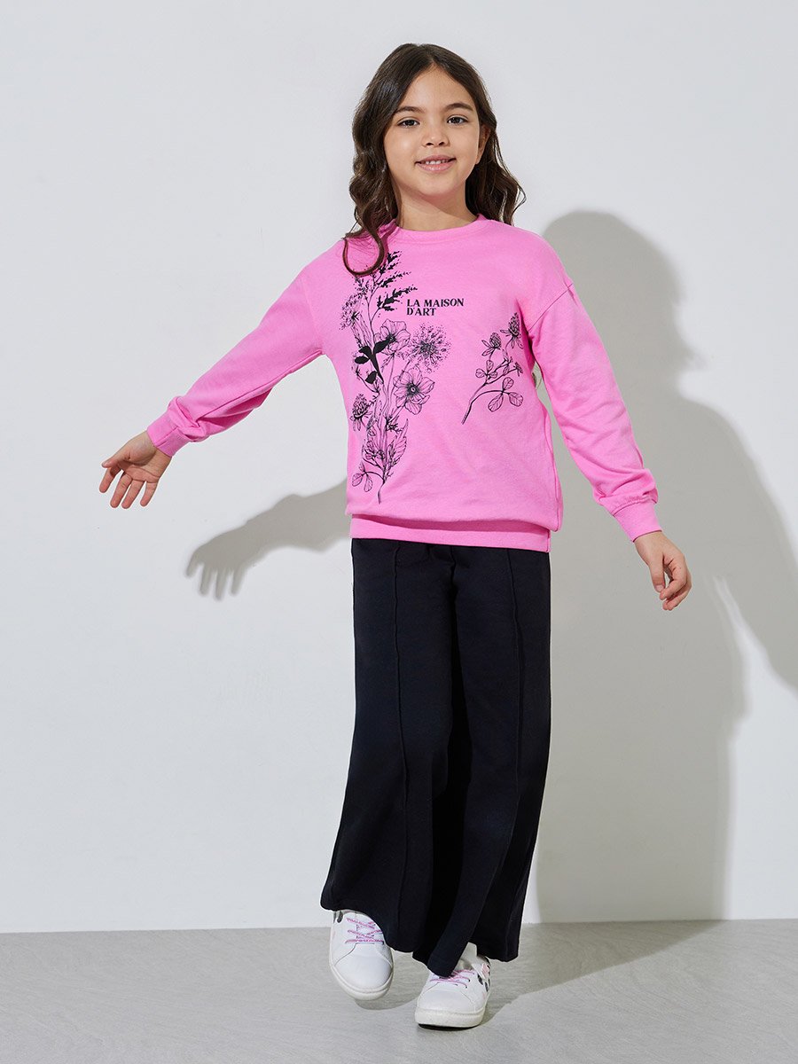 Girls Pink Graphic Print Sweatshirt and Black Joggers Set