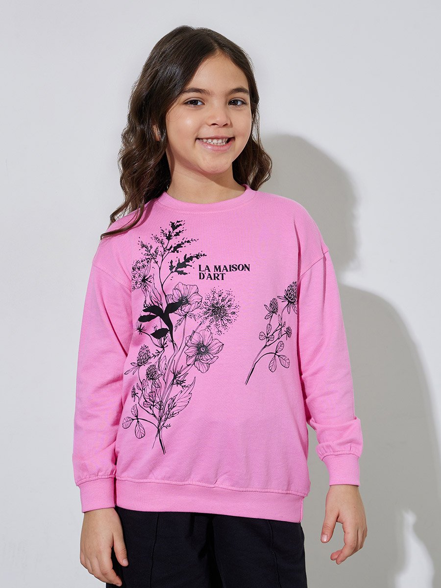 Girls Pink Graphic Print Sweatshirt and Black Joggers Set