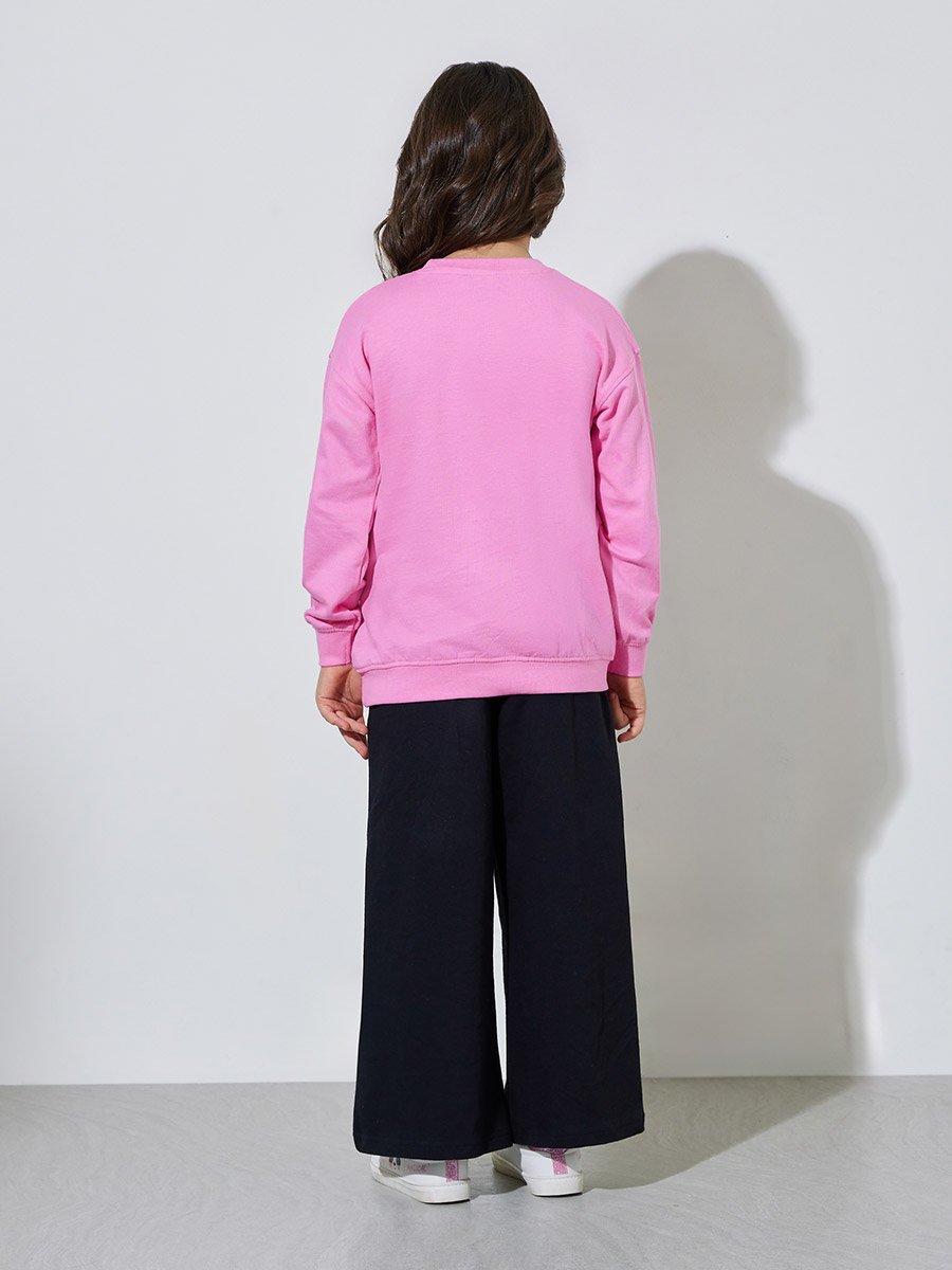 Girls Pink Graphic Print Sweatshirt and Black Joggers Set