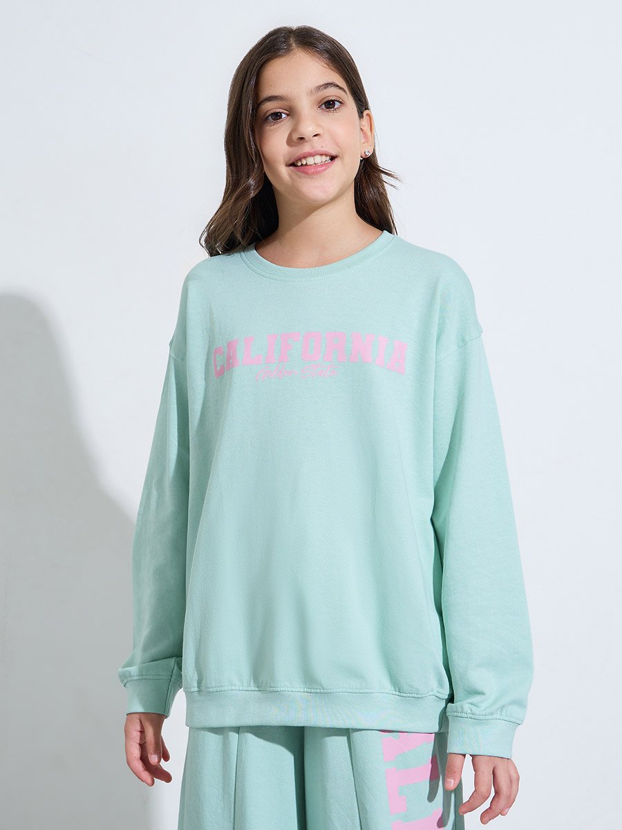 Teen Girls Mint Green Slogan Print Oversized Sweatshirt and Joggers Set