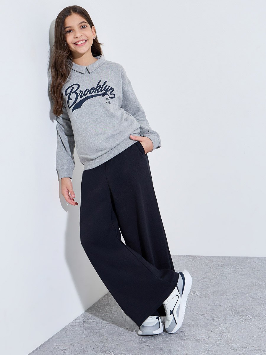 Teen Girls Grey Collared Printed Sweatshirt and Solid Navy Blue Joggers Set