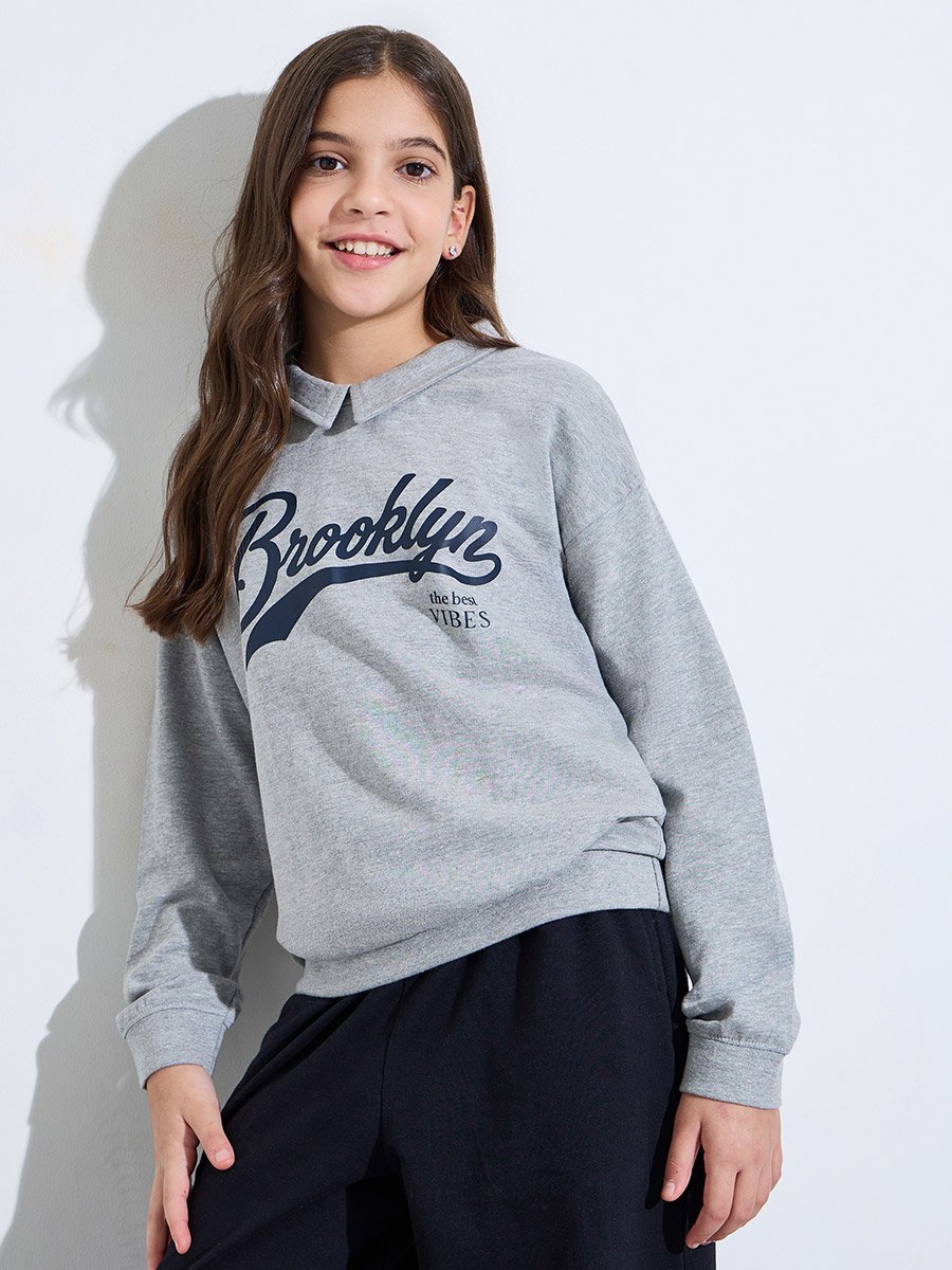 Teen Girls Grey Collared Printed Sweatshirt and Solid Navy Blue Joggers Set