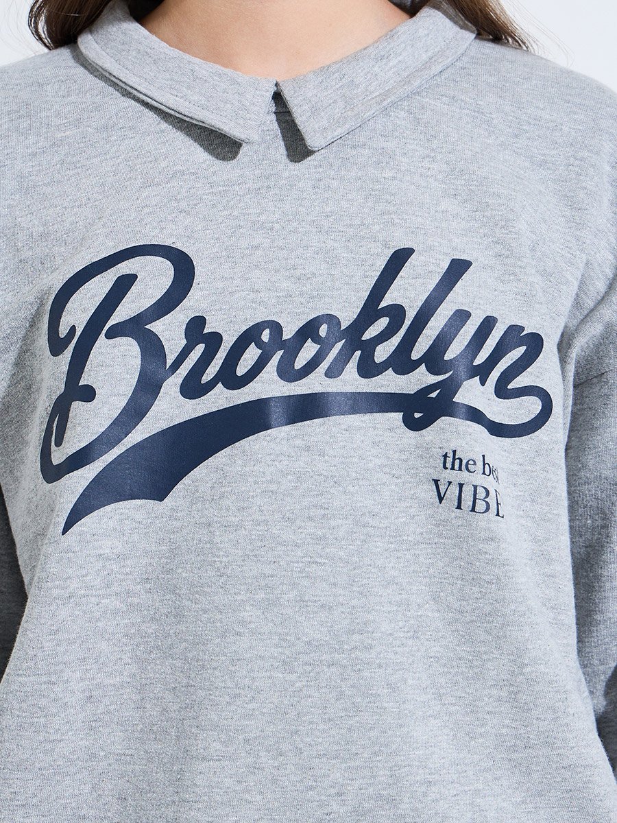 Teen Girls Grey Collared Printed Sweatshirt and Solid Navy Blue Joggers Set