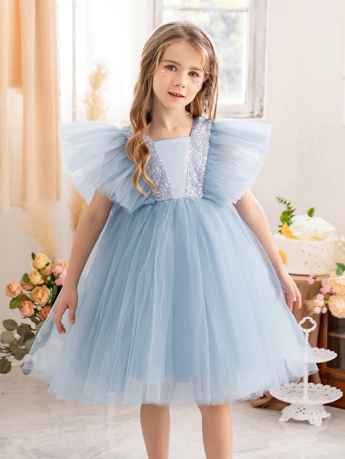 Girls Light Blue Sequin Embellished Tulle Details A-Line Midi Dress