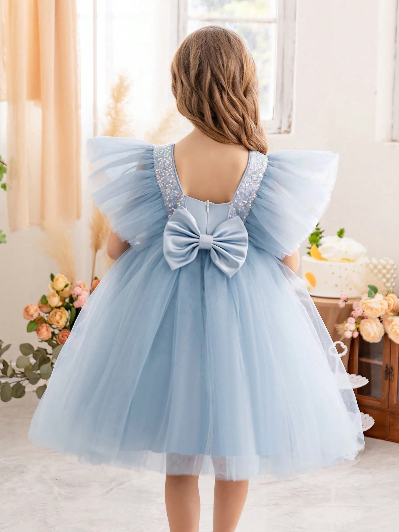 Girls Light Blue Sequin Embellished Tulle Details A-Line Midi Dress