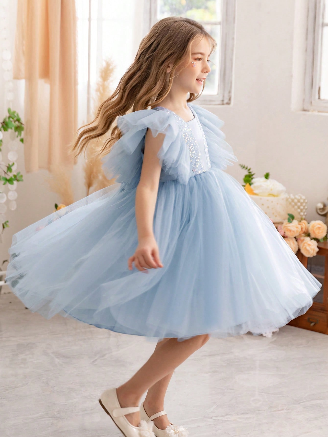 Girls Light Blue Sequin Embellished Tulle Details A-Line Midi Dress