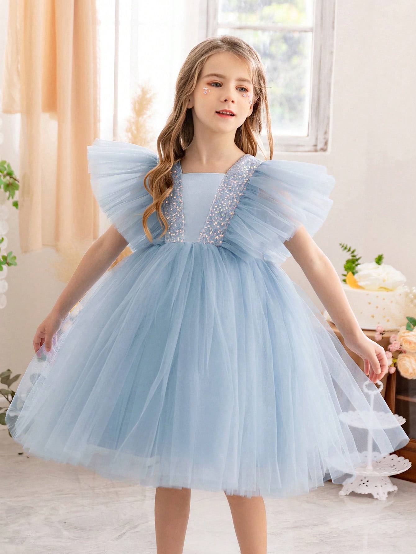 Girls Light Blue Sequin Embellished Tulle Details A-Line Midi Dress