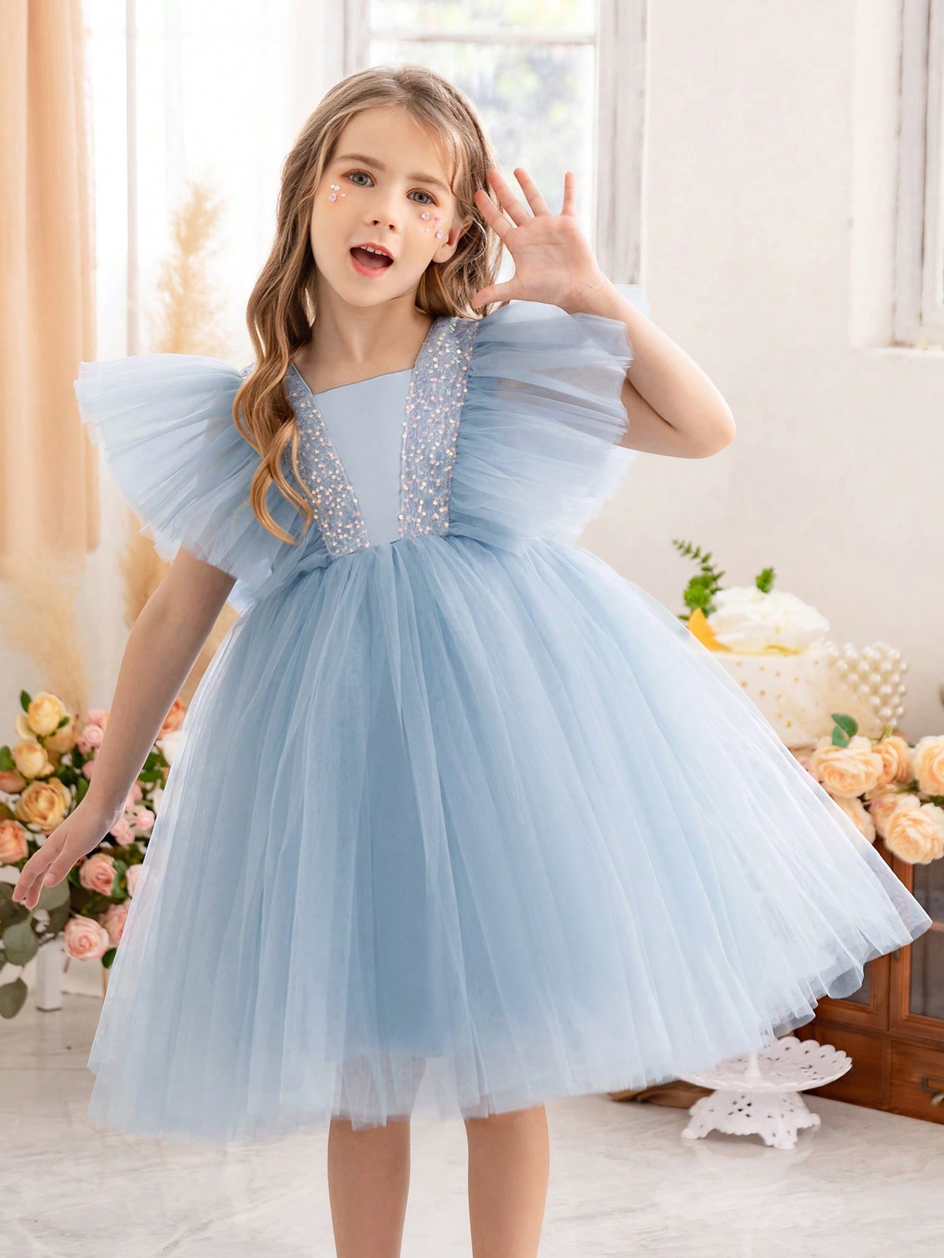 Girls Light Blue Sequin Embellished Tulle Details A-Line Midi Dress