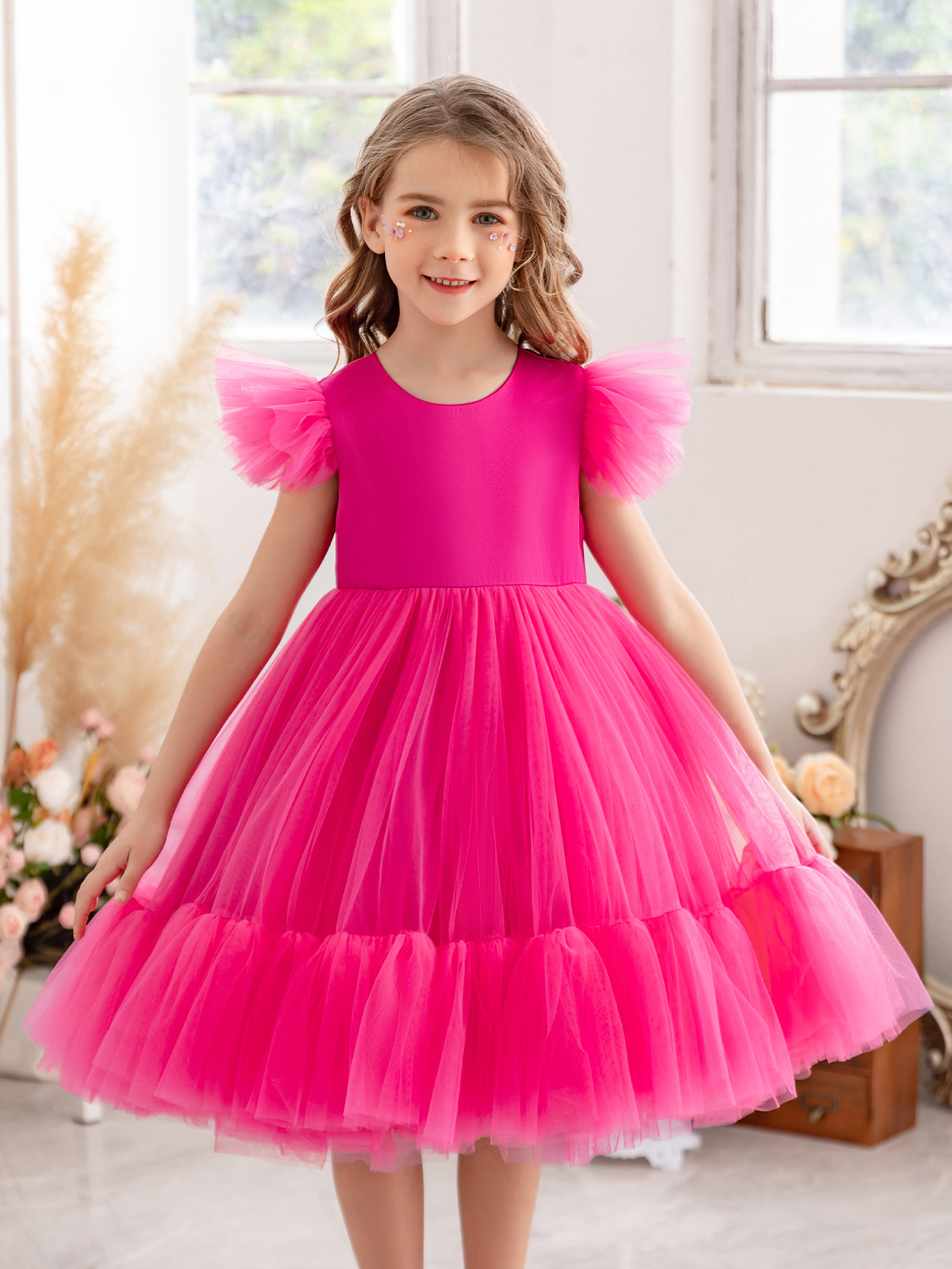 Girls Magenta A-Line Tulle Dress with Ruffle Details