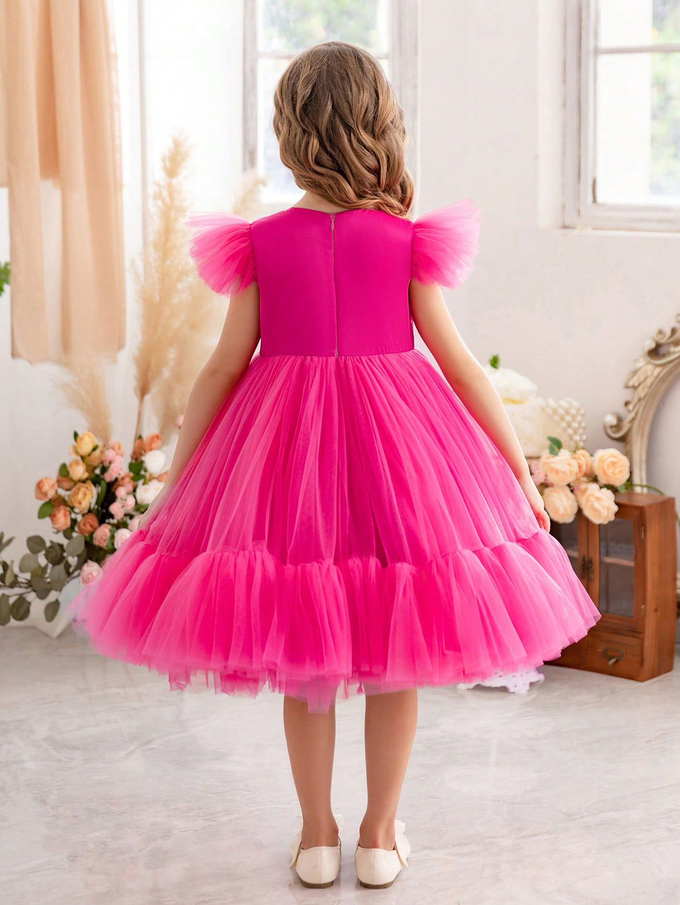 Girls Magenta A-Line Tulle Dress with Ruffle Details