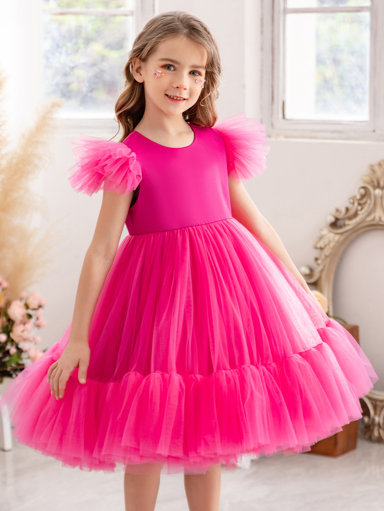 Girls Magenta A-Line Tulle Dress with Ruffle Details