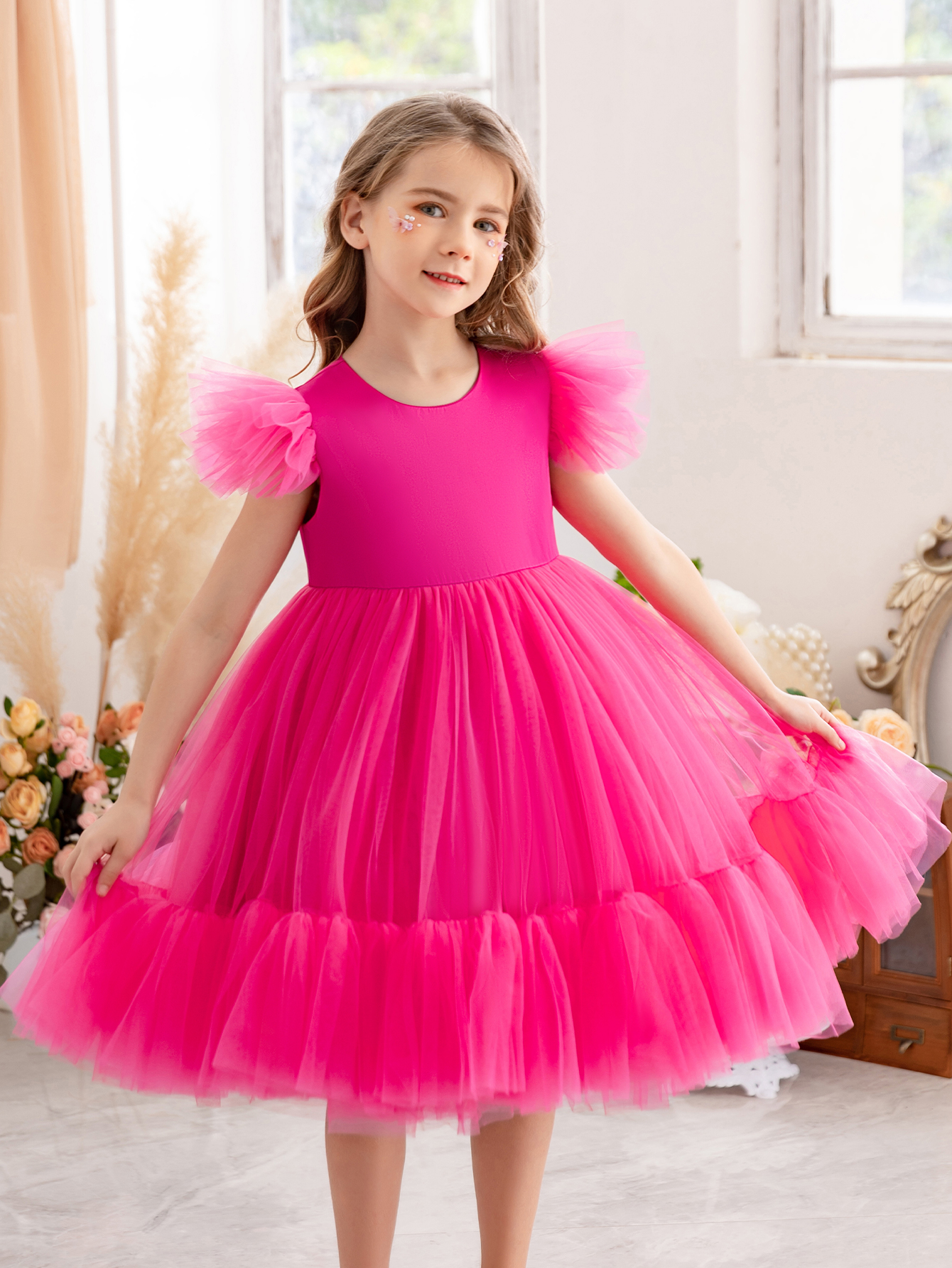 Girls Magenta A-Line Tulle Dress with Ruffle Details