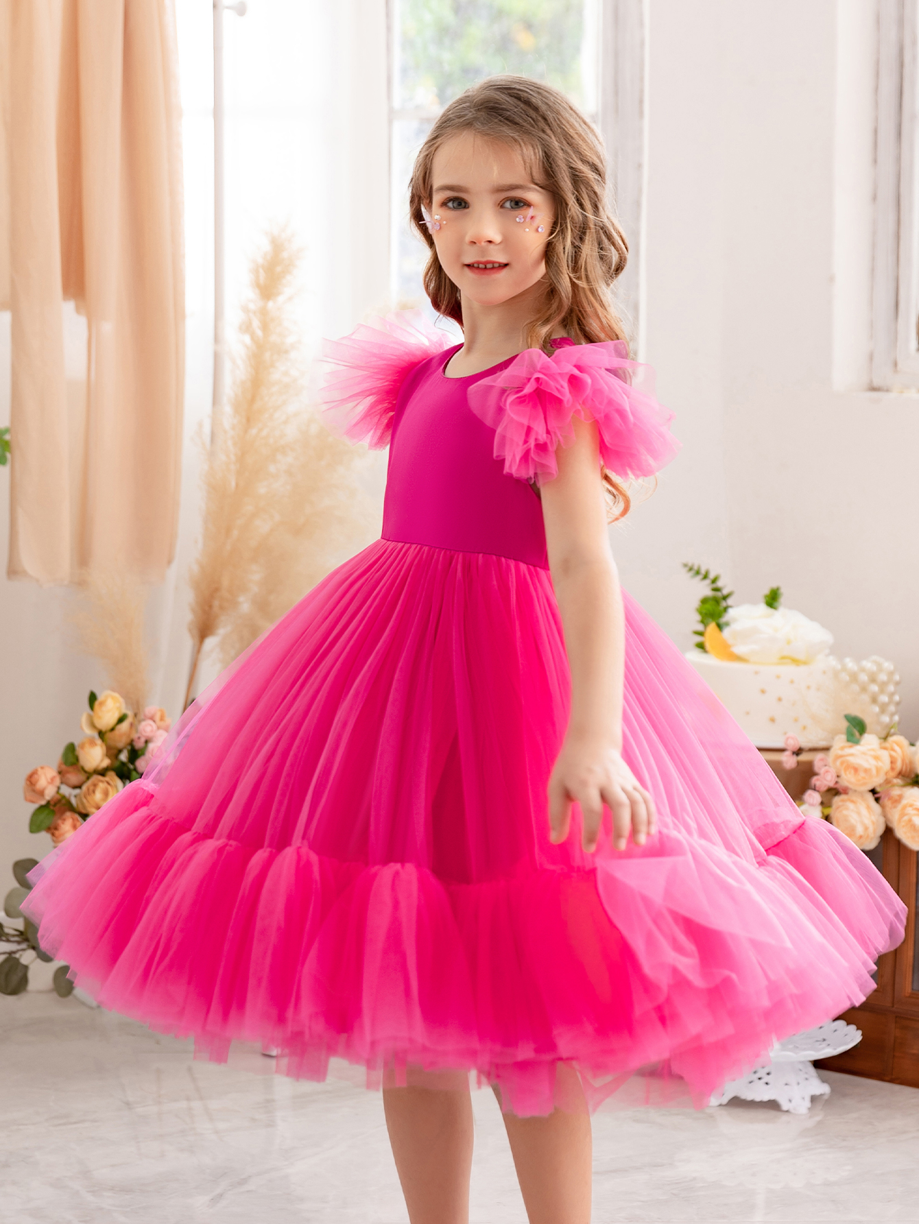 Girls Magenta A-Line Tulle Dress with Ruffle Details