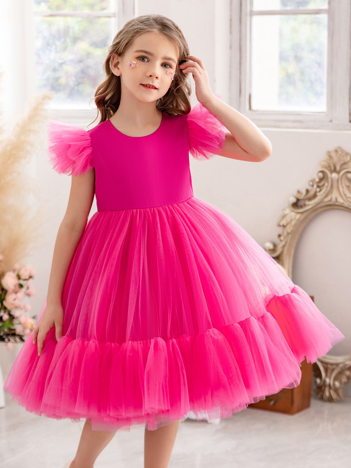 Girls Magenta A-Line Tulle Dress with Ruffle Details