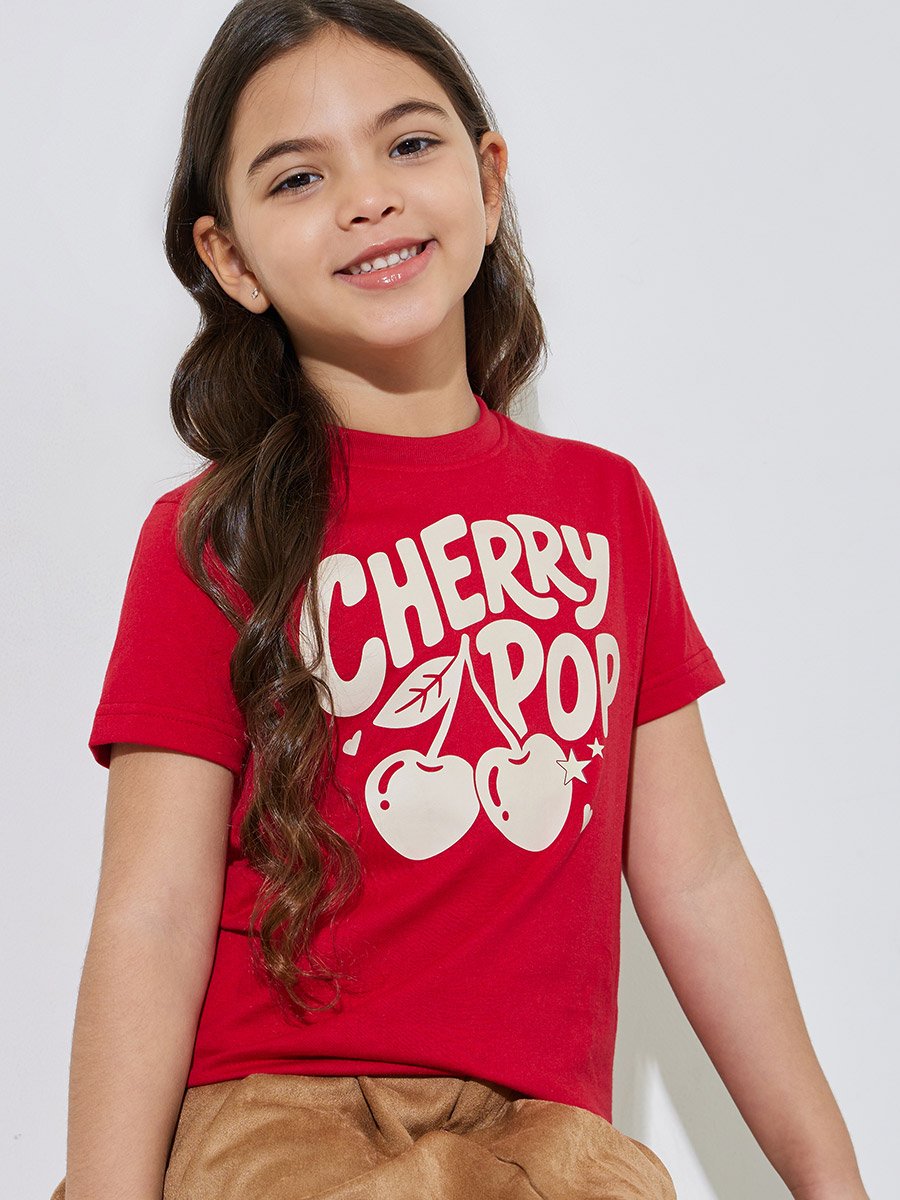 Girls Red Graphic Print Regular Fit T-Shirt