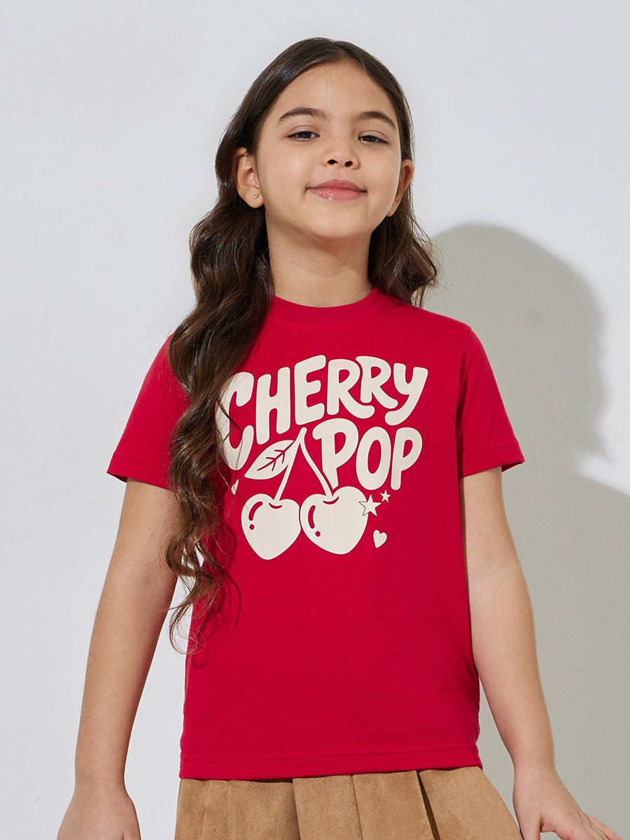 Girls Red Graphic Print Regular Fit T-Shirt