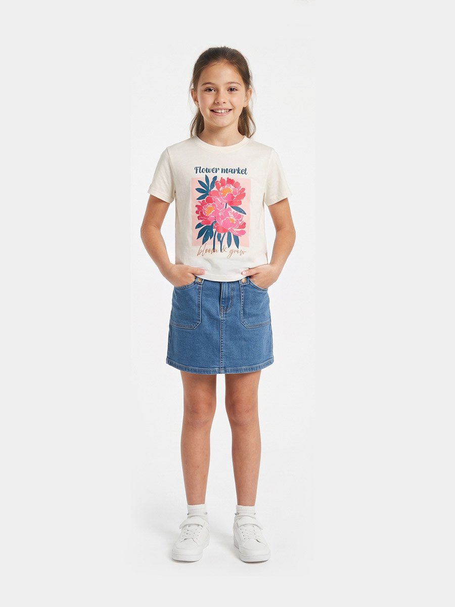 Teen Girls Off White Floral Print Regular Fit T-Shirt