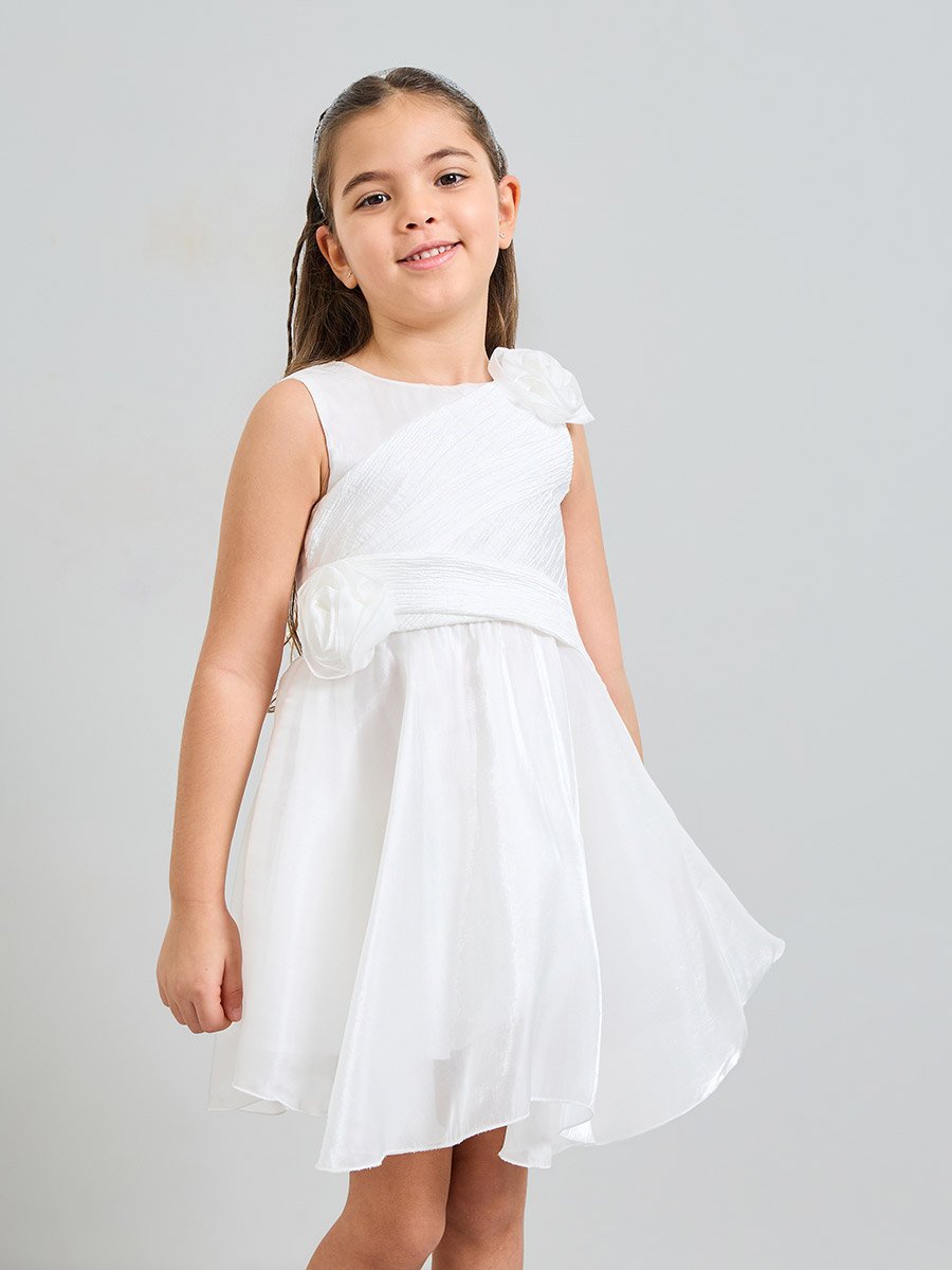 Girls White A-Line Knee-Length Dress
