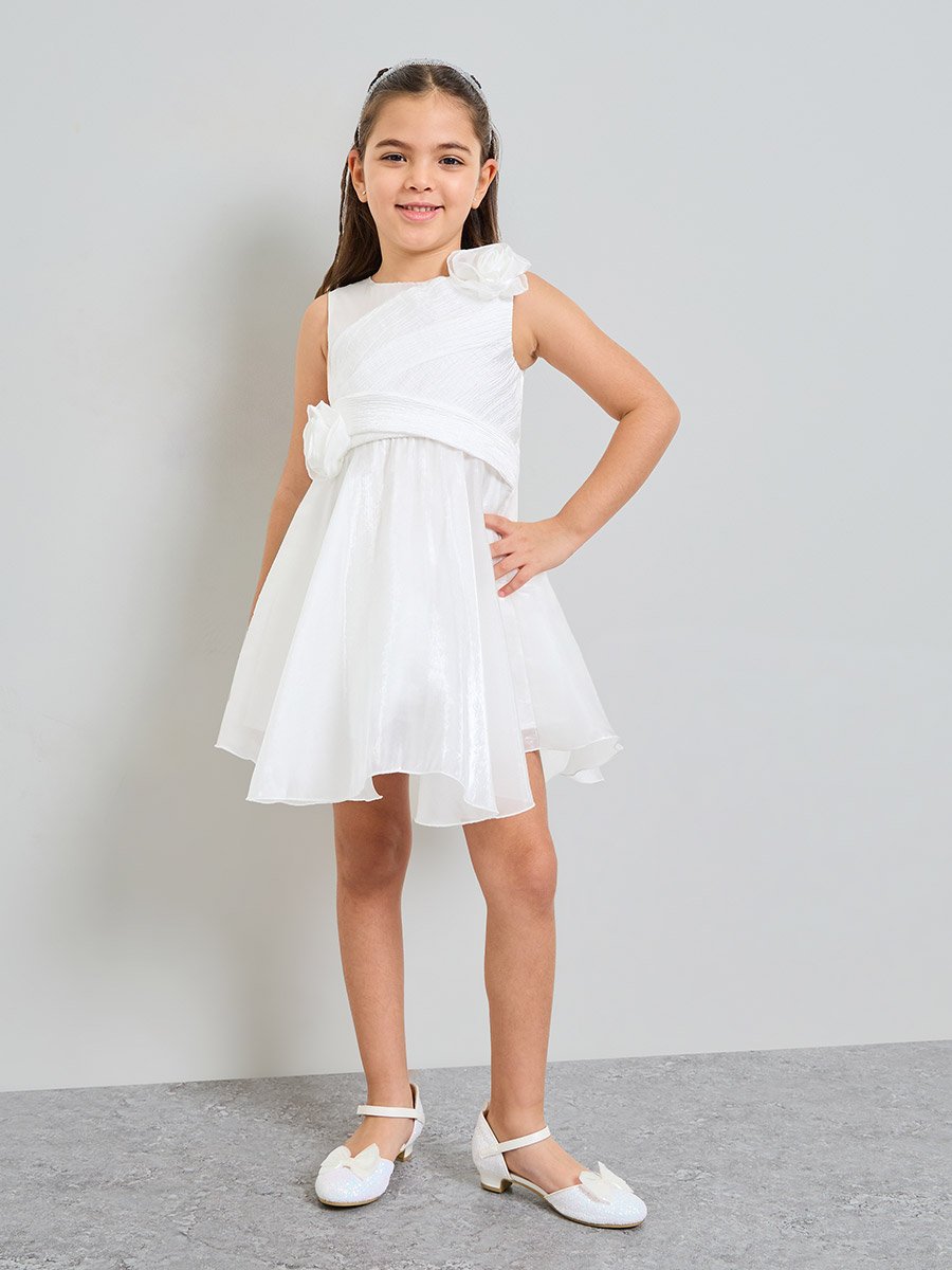 Girls White A-Line Knee-Length Dress