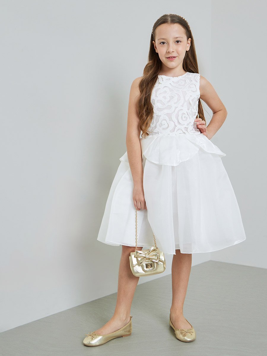 White Mesh Insert Textured Dress