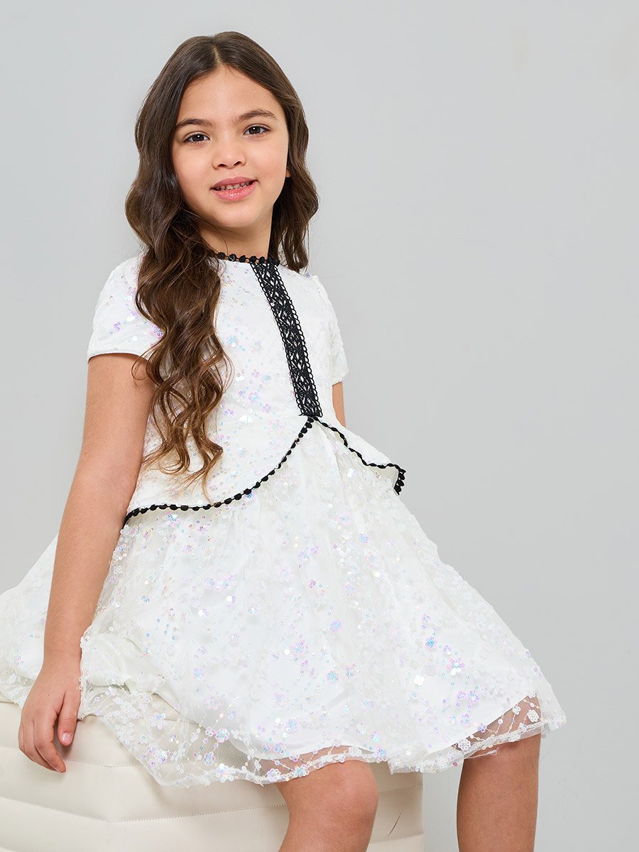 Girls White Sequin A-Line Knee-Length Dress