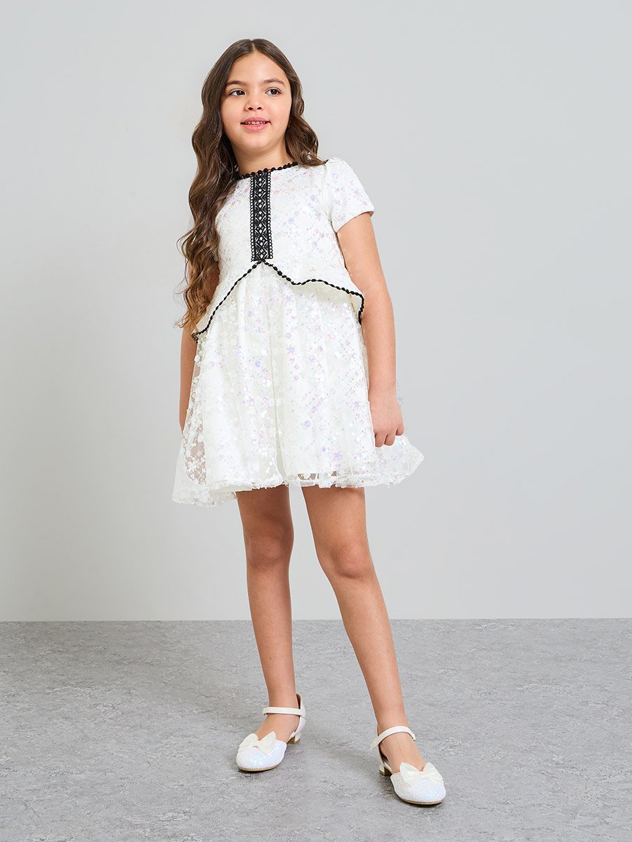 Girls White Sequin A-Line Knee-Length Dress