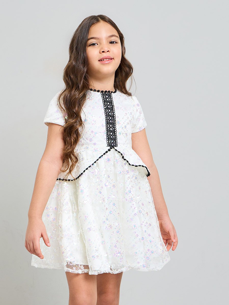 Girls White Sequin A-Line Knee-Length Dress