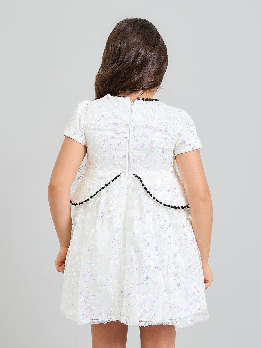 Girls White Sequin A-Line Knee-Length Dress