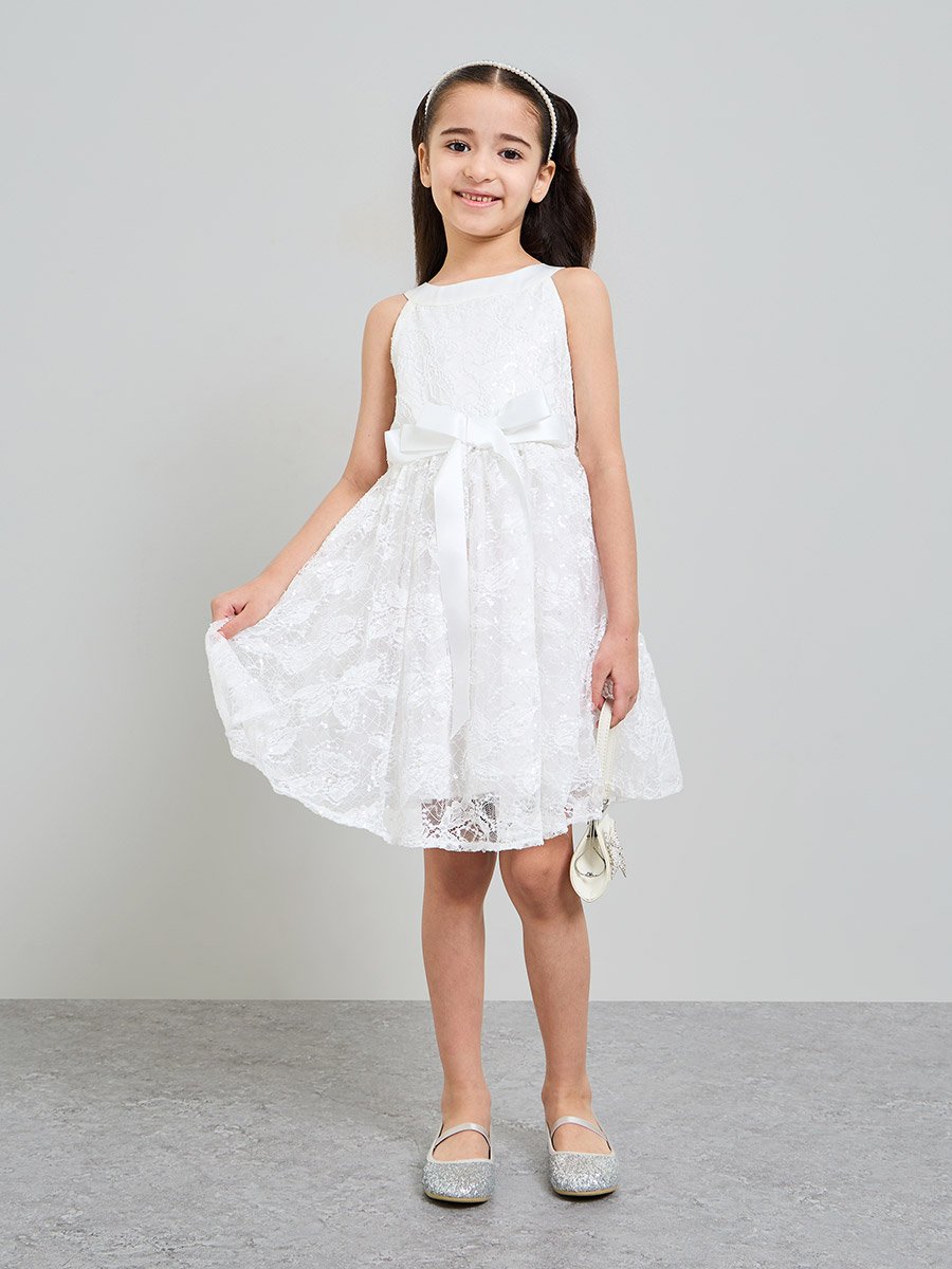 Girls White Lace Insert A-Line Dress