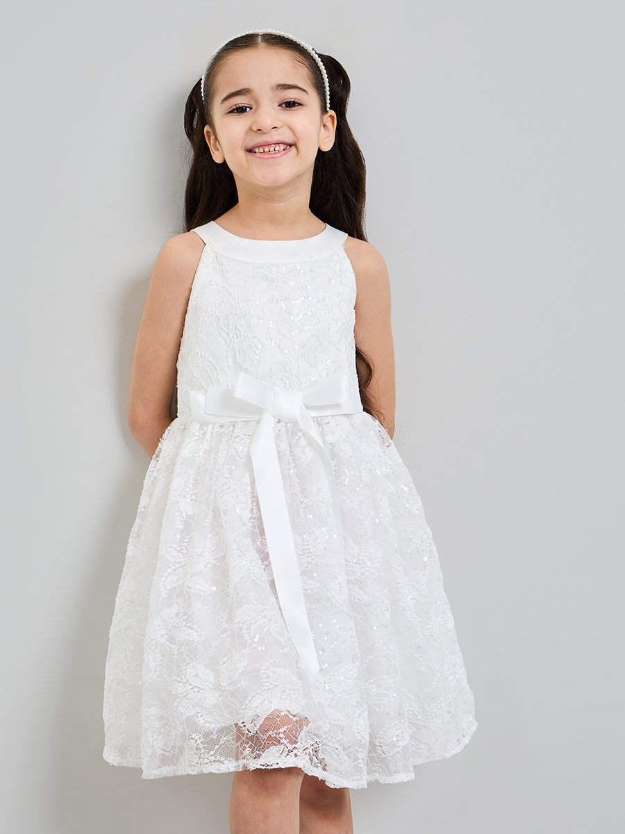 Girls White Lace Insert A-Line Dress