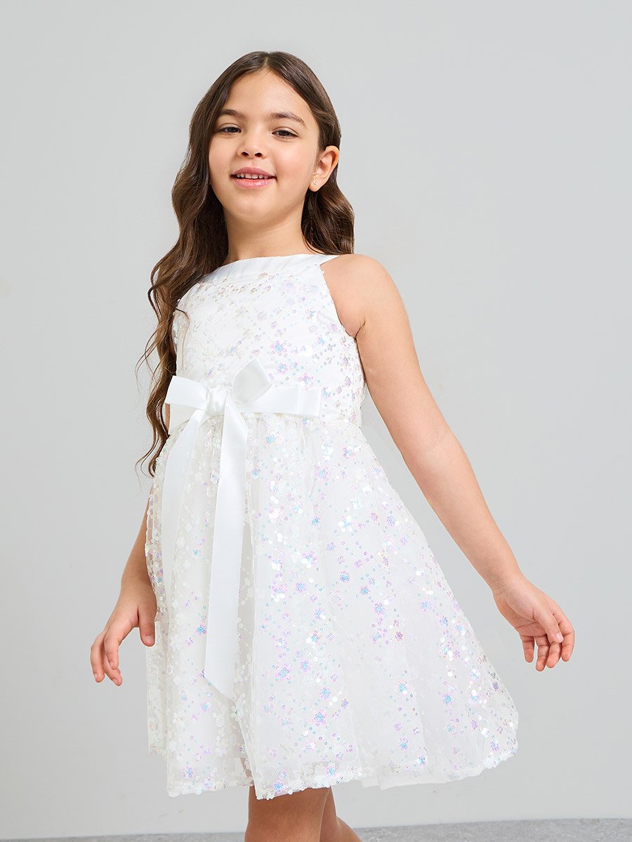 Girls White Sequin A-Line Knee-Length Dress