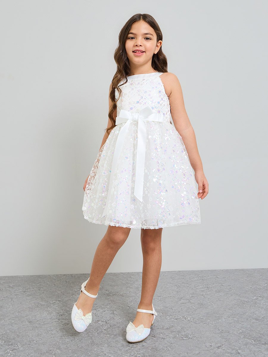 Girls White Sequin A-Line Knee-Length Dress