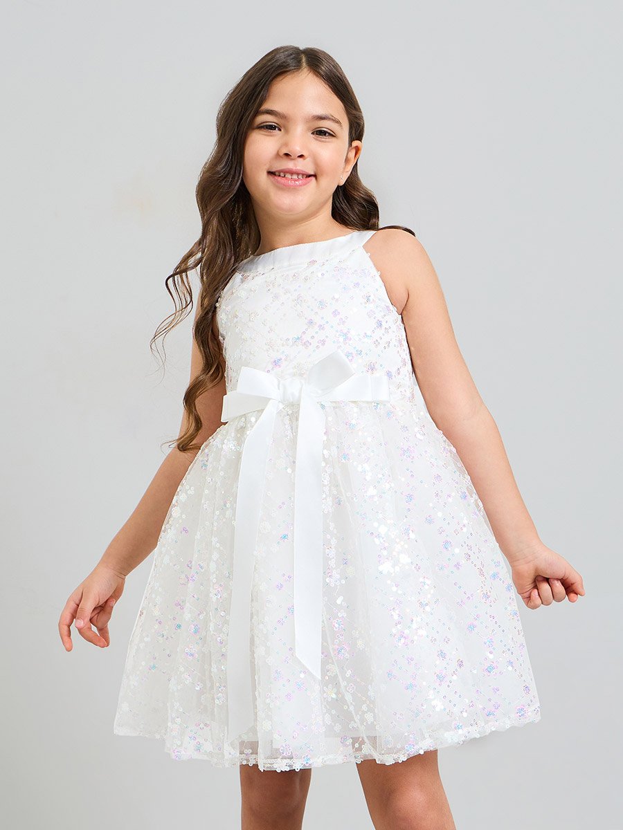 Girls White Sequin A-Line Knee-Length Dress
