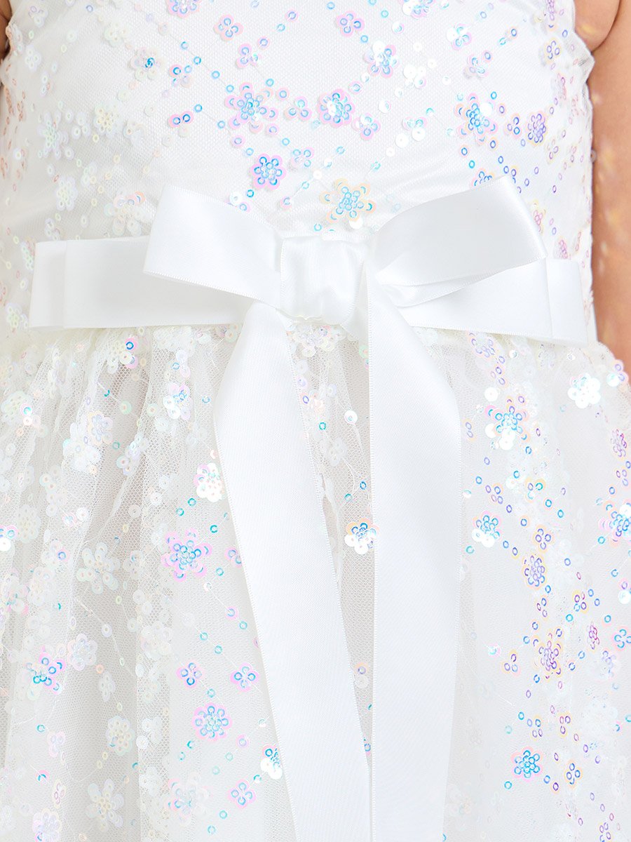 Girls White Sequin A-Line Knee-Length Dress
