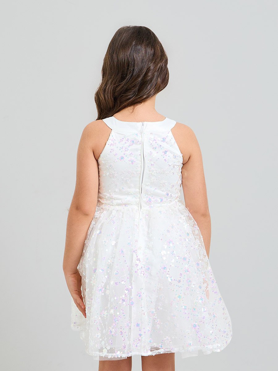 Girls White Sequin A-Line Knee-Length Dress
