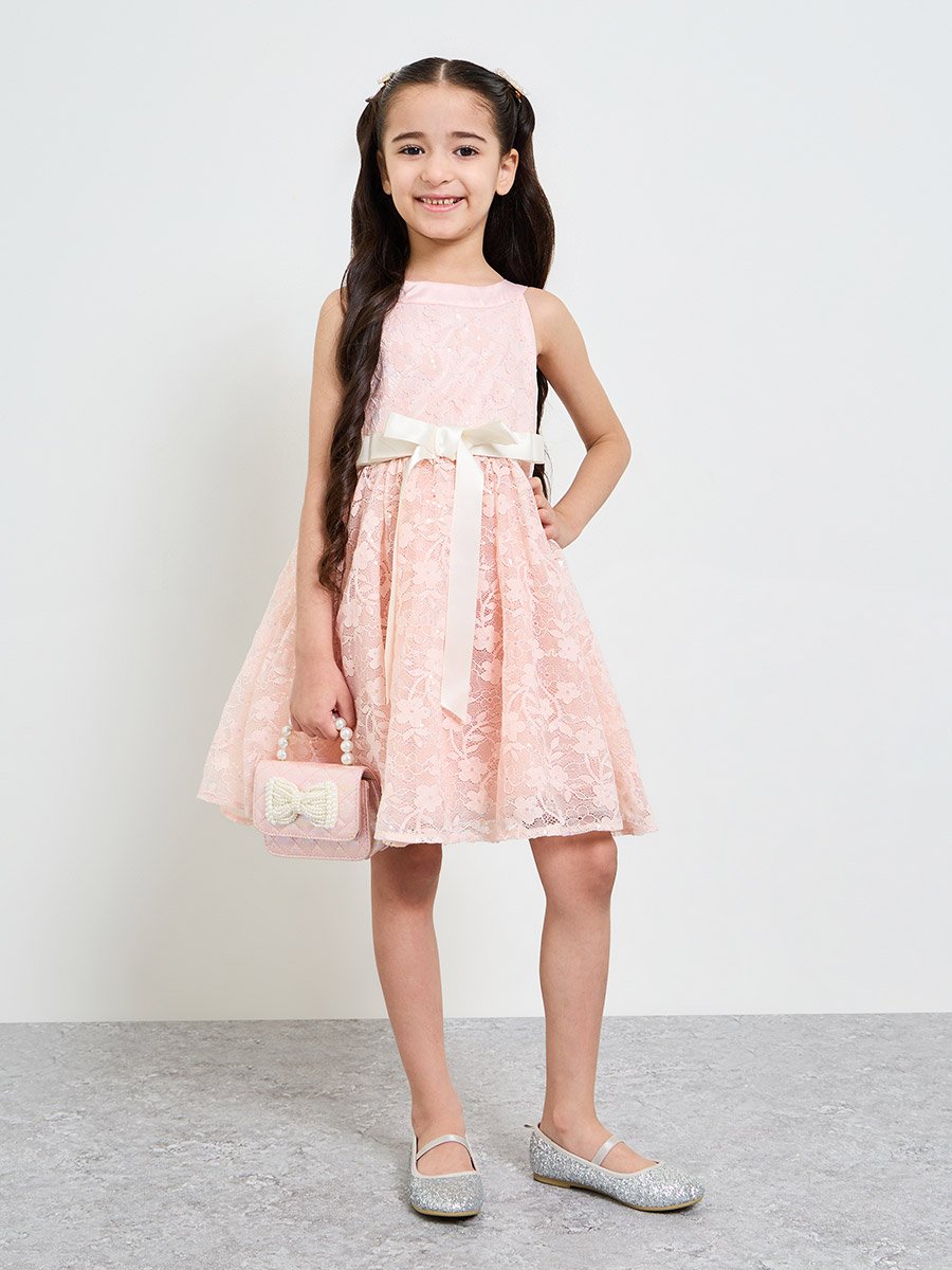 Girls Light Pink Lace A-Line Dress