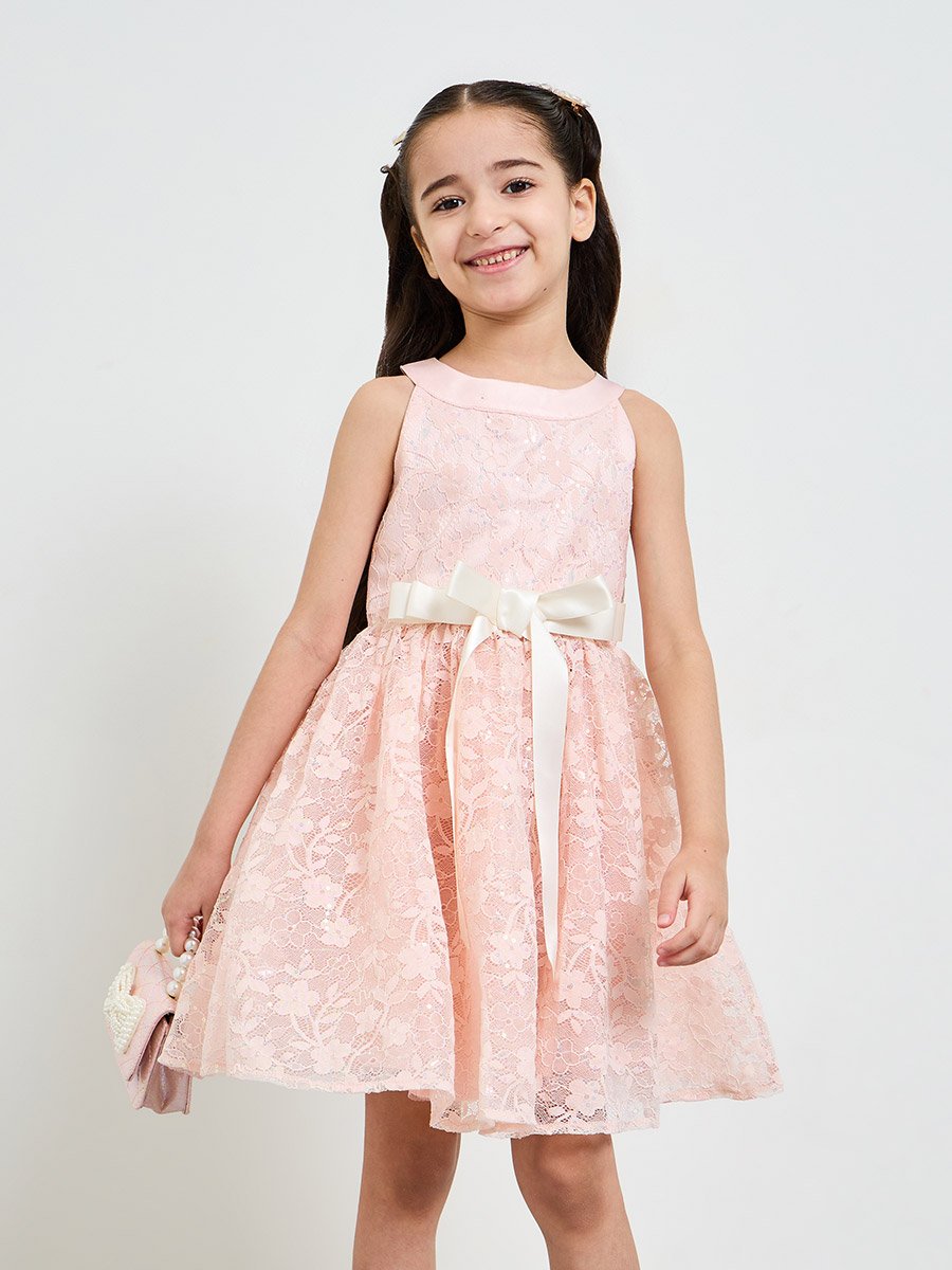 Girls Light Pink Lace A-Line Dress