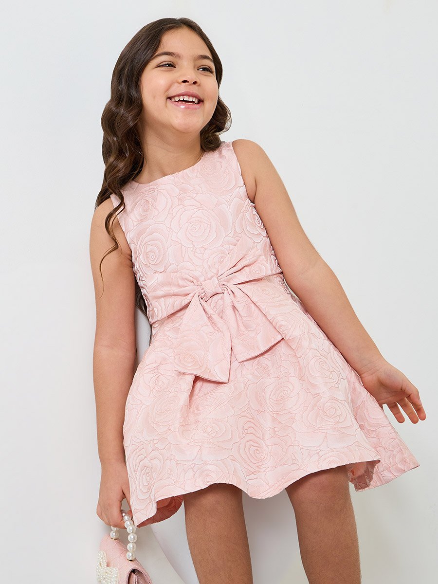 Girls Dark Pink A-Line Knee-Length Rose Jacquard Dress
