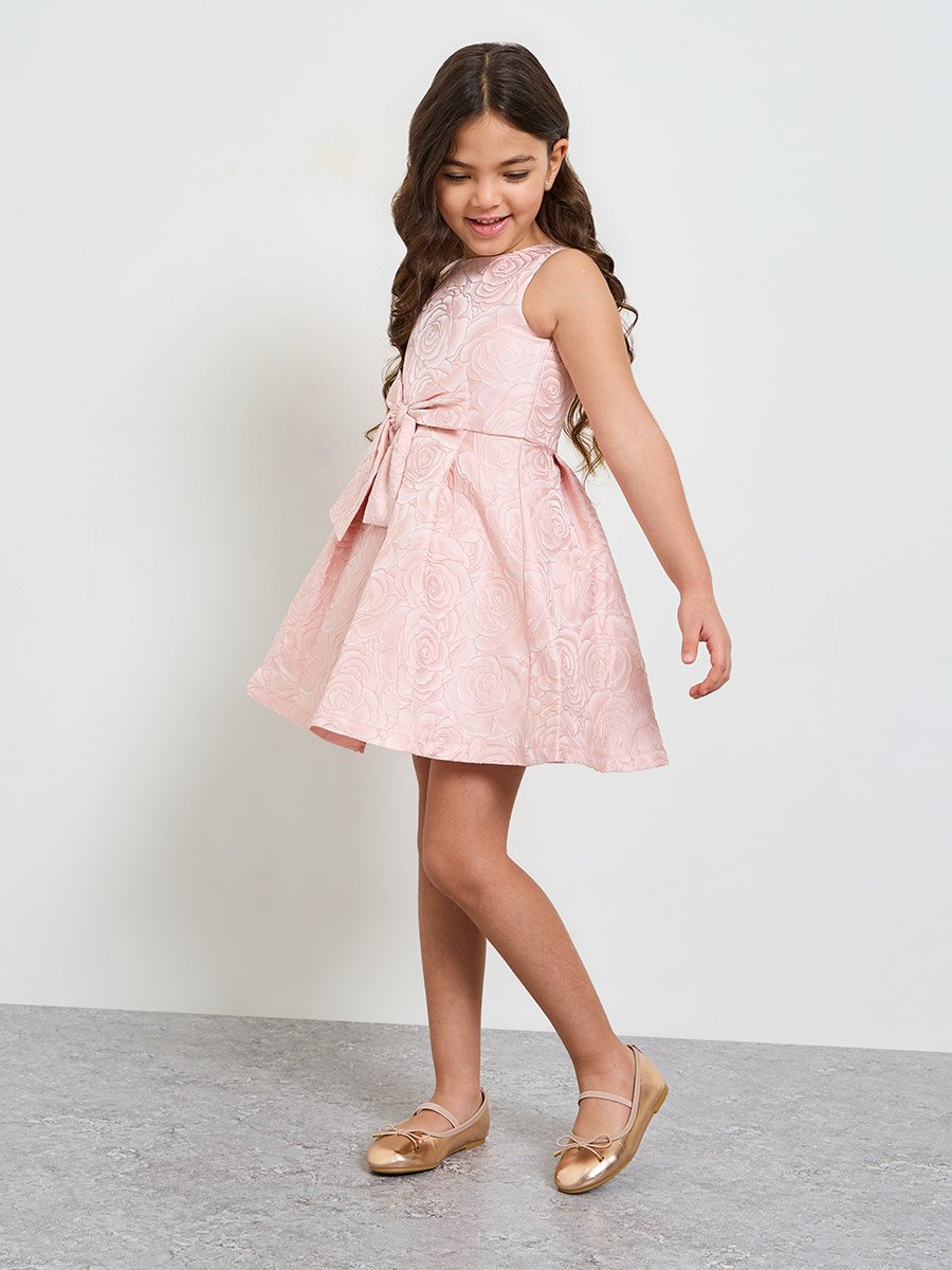Girls Dark Pink A-Line Knee-Length Rose Jacquard Dress