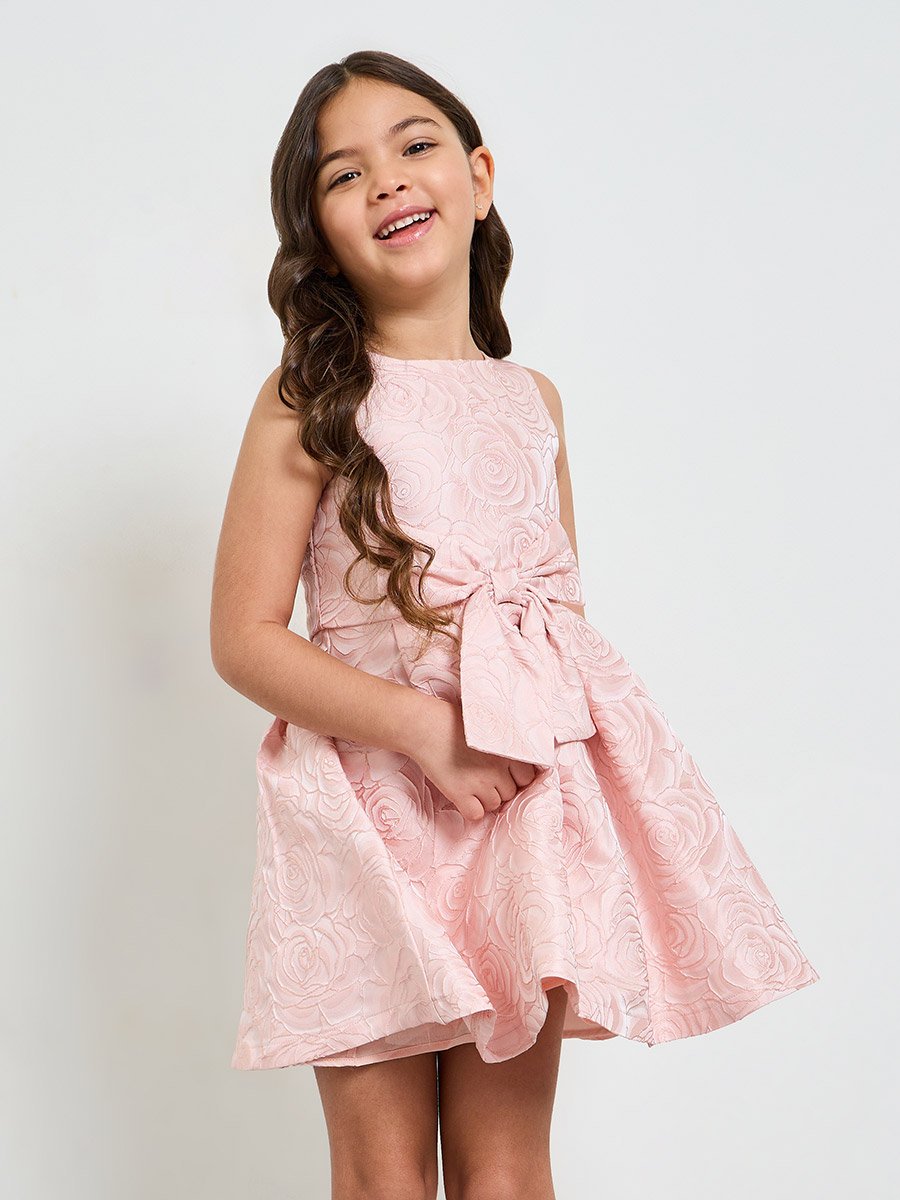 Girls Dark Pink A-Line Knee-Length Rose Jacquard Dress