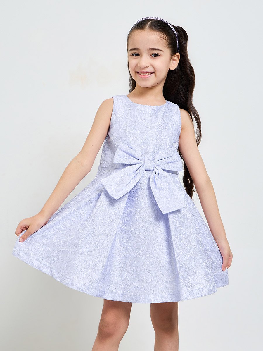 Purple Jacquard Dress with Bow Detail